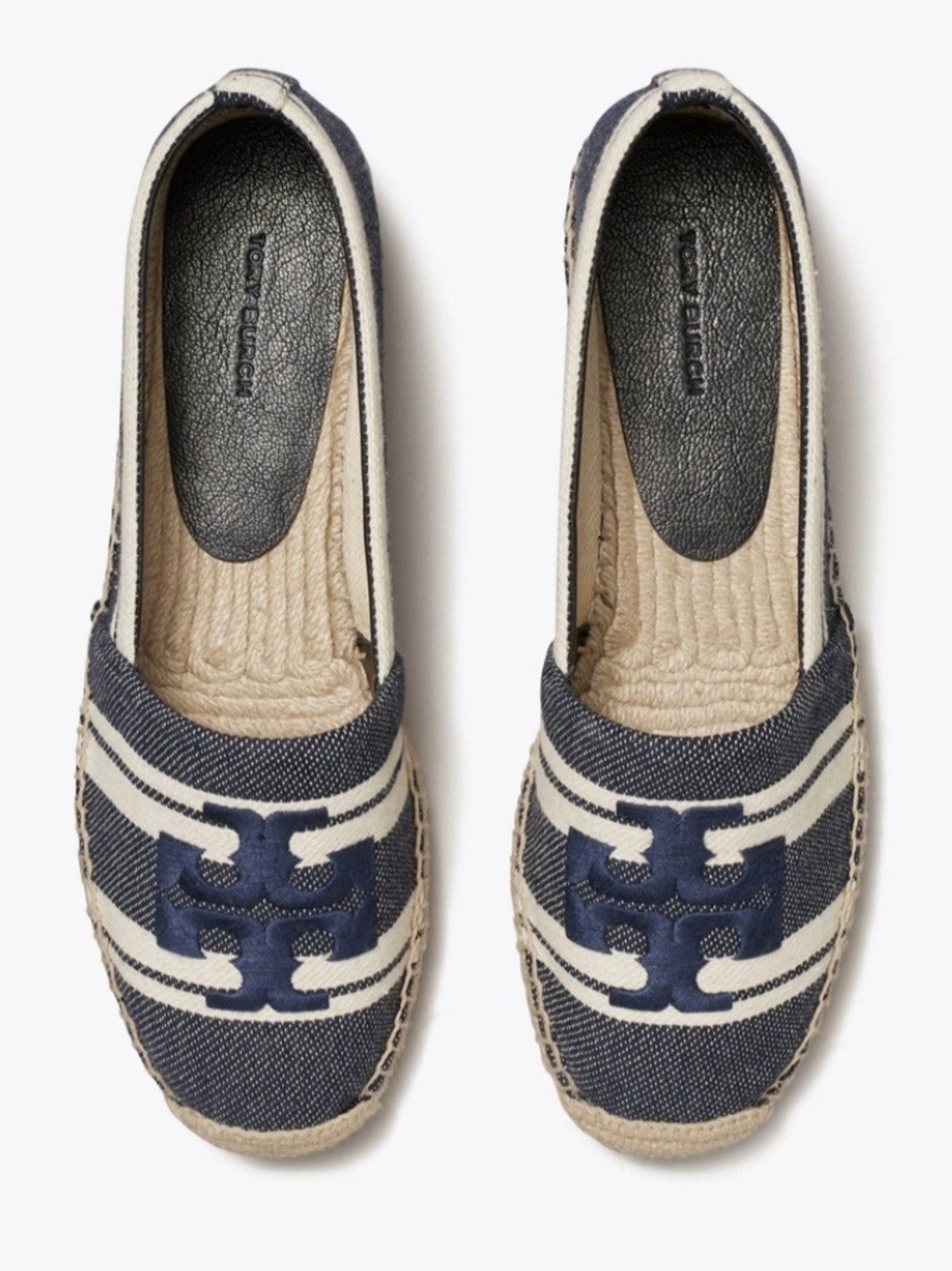 Tory Burch Blue White Double T Jacquard Espadrille Flats Slip-On Women's 11 M